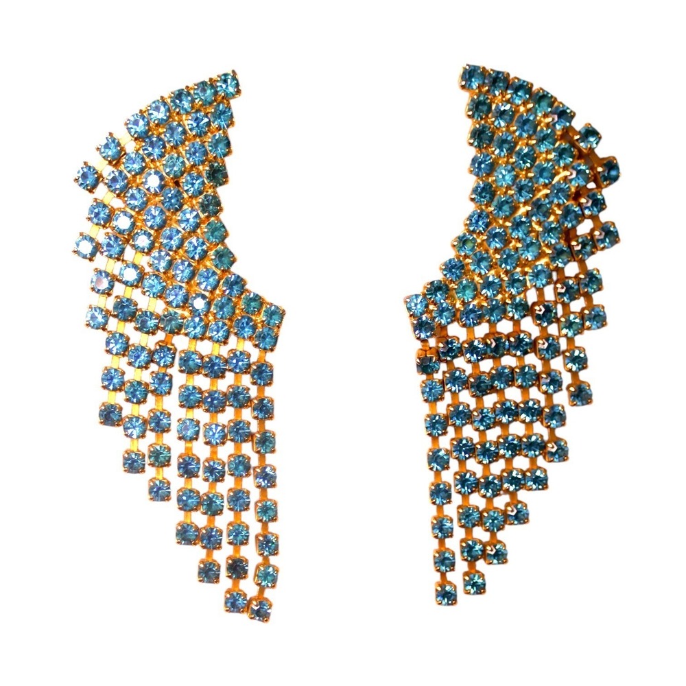 Elizabeth Cole Kalia Teal Crystal Wing Drop Earrings‎ 24kt Gold EUC USA Made